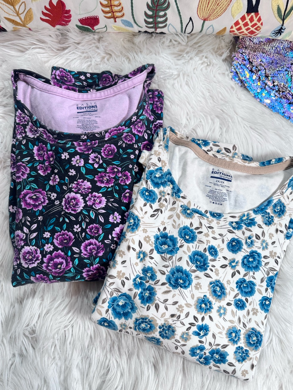 Basic Editions • 2 Floral Print Cotton Long Sleeve Crewneck Tees
